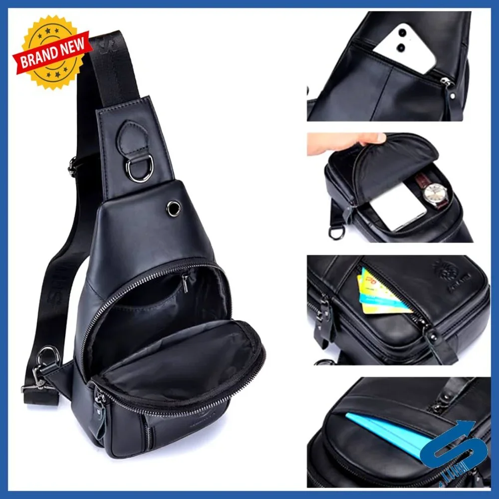 Genuine Leather Crossbody Sling Bag with Headphone Hole, 5 Pockets
